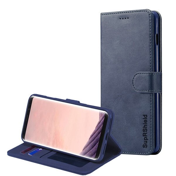 Samsung Galaxy S8+ S8 Plus Genuine SupRShield Wallet Leather Flip Stand Magnetic Case Cover (Navy Blue)