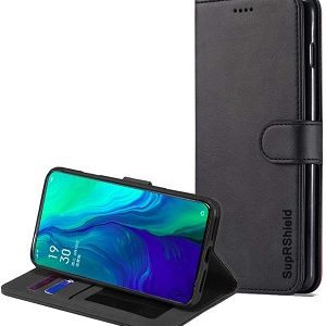 Oppo Reno 10x Zoom Wallet Leather Card Holder Flip PU Protective Shockproof Premium Case Cover (Black)