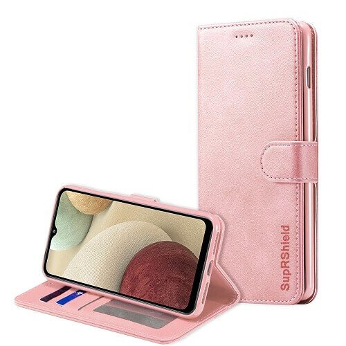 Samsung Galaxy A12 SupRShield Wallet Leather Card Holder Flip Protective Shockproof Case Cover (Rose Gold)