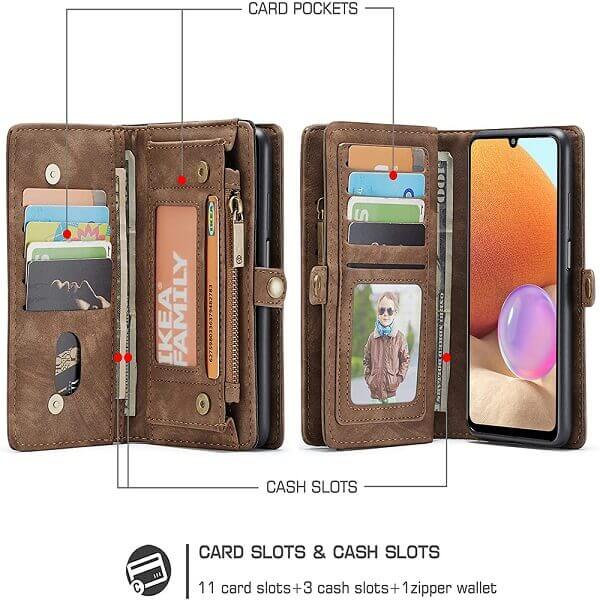 CaseMe For Samsung Galaxy A32 4G Zipper & Detachable Retro Leather Pouch Wallet Flip Purse Bag Detachable Phone Case Cover (Brown)