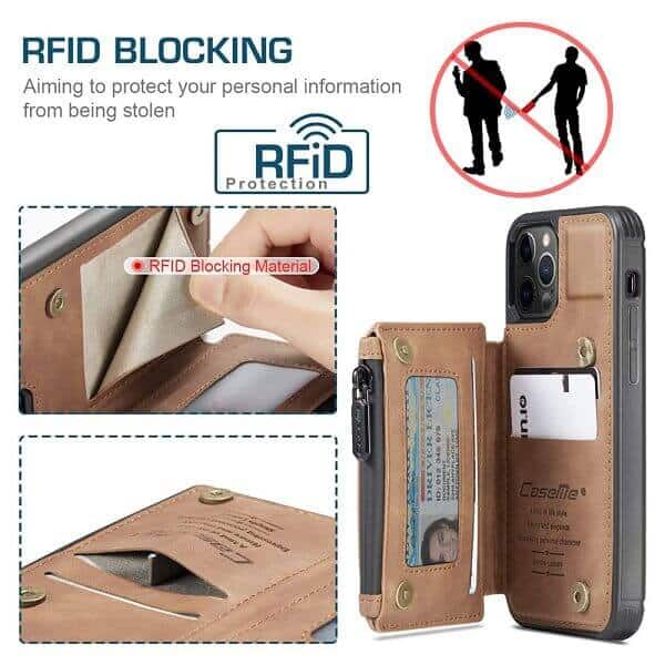 For Apple iPhone 13 Pro CaseMe Back Zipper Wallet Case W 3 Card Slots, RFID Blocking, 1 Money Pocket, Credit Card Holder Leather Cover (Brown)