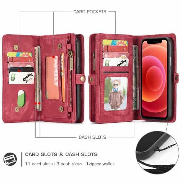 CaseMe For Apple iPhone 12 Mini Zipper & Detachable Retro Leather Pouch Wallet Flip Purse Bag Detachable Phone Case Cover (Red)
