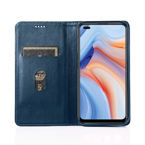 Oppo Reno4 5G Wallet Case Flip Leather Card Slots Pocket Magnetic Stand Cover (Navy Blue)